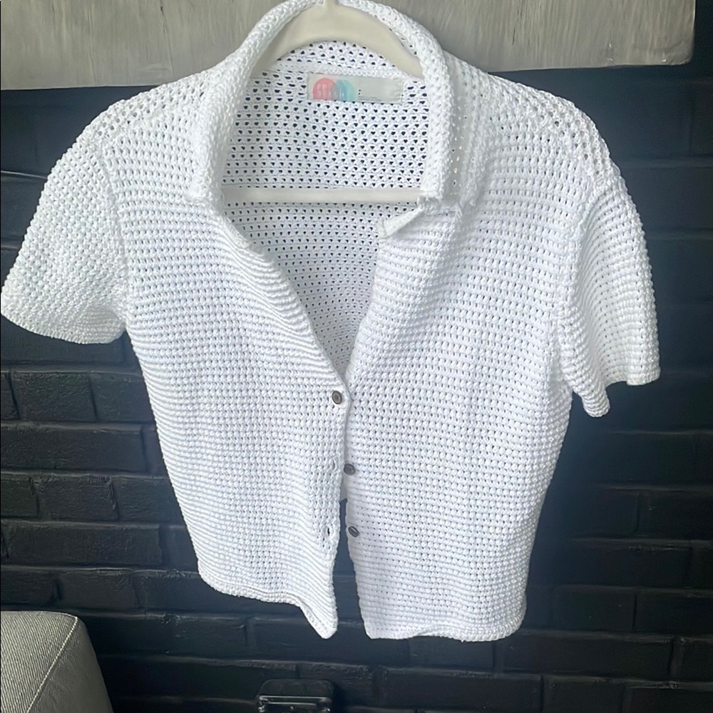 White Button Down Crochet Shirt